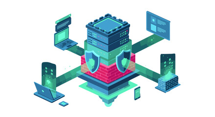 Secure digital data center with firewall protecting network, servers, and cloud services, modern cyber security design