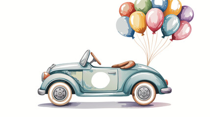 Whimsical Watercolor Illustration Light Blue Convertible Car with Colorful Balloons on White Background