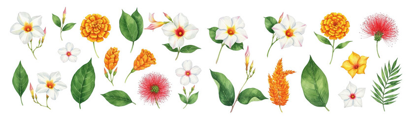 Naklejka premium Vibrant collection of illustrated flowers and leaves, showcasing diverse shapes and colors.
