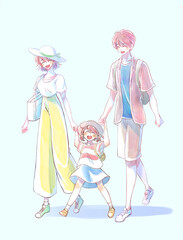 手を繋ぐ楽しそうな3人の親子