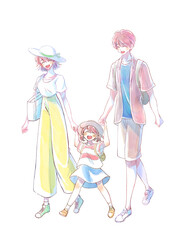 手を繋ぐ楽しそうな3人の親子