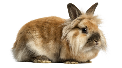 Fluffy long-haired brown bunny rabbit on transparent background