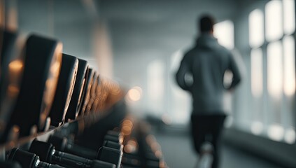 Man runs in gym, dumbbells in foreground