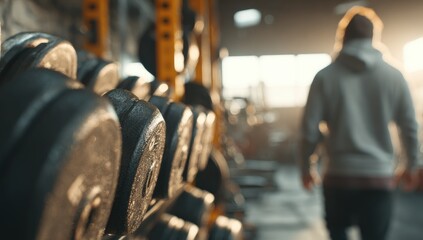 Gym interior with dumbbells and a person