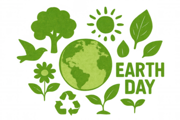 Green planet earth surrounded by nature symbols promoting environmental conservation for earth day on a transparent background