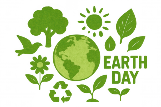 Green planet earth surrounded by nature symbols promoting environmental conservation for earth day on a transparent background