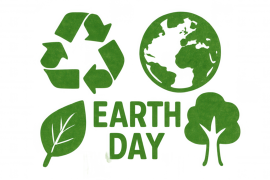 Grassy icons symbolize earth day, promoting environmental awareness with recycling, globe, leaf, and tree on a transparent background
