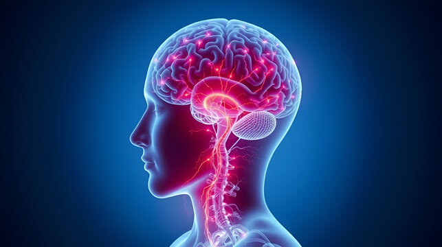 Neurological health visualization Person amyotrophic lateral sclerosis ALS glowing depiction of the brain and spinal cord showing motor neuron degeneration