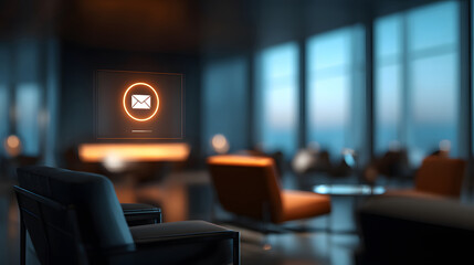 Futuristic lounge with glowing email icon and large windows
