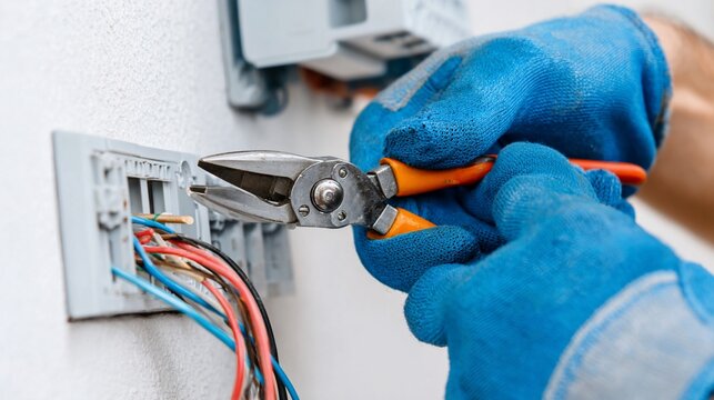 Electrician wiring a wall outlet with pliers, wearing blue gloves