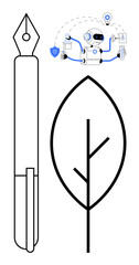 Robotic AI multitasking with surrounding tools, large fountain pen, and leaf outline symbolizing innovation, writing, eco-awareness, and future technology. Ideal for green tech, AI, education