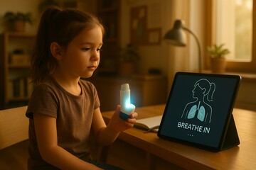 Young Girl Using Smart Asthma Inhaler with Digital Breathing Guide on Tablet in Warm Home Office Light