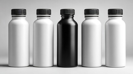 Five bottles, four white and one black, all with black lids, neatly arranged on light gray background, simple in shape, suitable for packaging display of various liquid