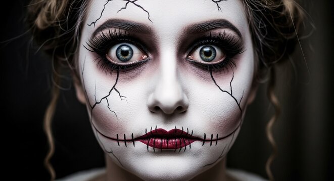 Striking cracked doll makeup creates a hauntingly beautiful, artistic portrait for Halloween themes - Powered by Adobe