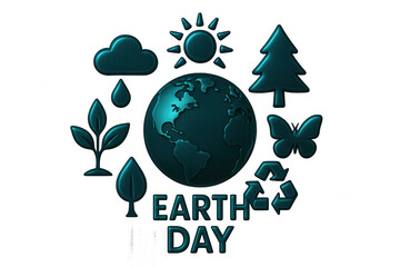 Earth day graphic featuring planet earth surrounded by recycling, nature, and environmental conservation symbols representing global ecosystem protection on transparent backdrop