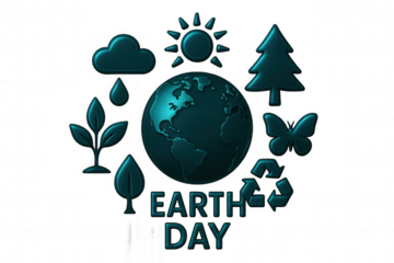 Earth day graphic featuring planet earth surrounded by recycling, nature, and environmental conservation symbols representing global ecosystem protection on transparent backdrop