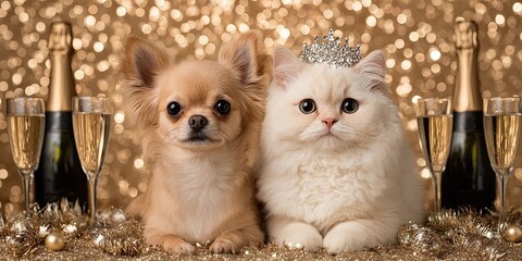 New Year's Eve Theme Cute Pet Adorable Two adorable pets, a dog and a cat, celebrate with champagne in a festive setting.