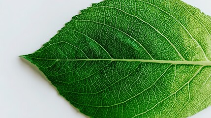 Green leaf with clear veins on white background, showing delicate texture and vitality of natural plants.