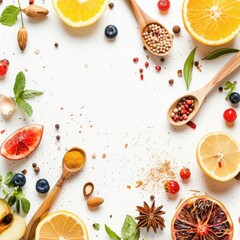 Colorful food ingredients arranged in a frame