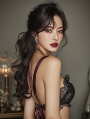 Fototapeta premium Elegant Korean model posing in stylish lingerie with a dramatic makeup look in an intimate setting at evening time