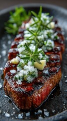 Grilled steak, seasoned with herbs and garlic butter