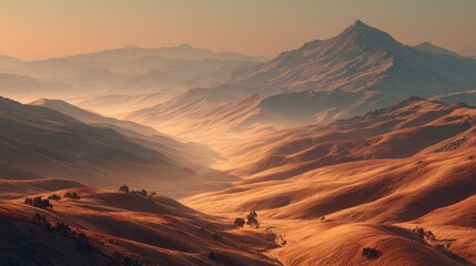 Fototapeta premium Golden mountain valley at sunrise
