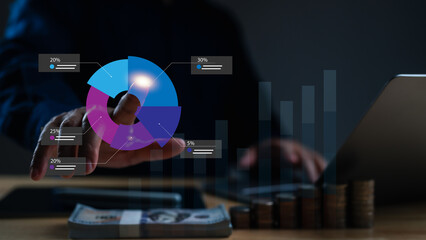 Businessman analyzing financial data on virtual dashboard. Holographic chart graph represent investment growth, strategic planning, managing money economic success using modern financial technology.