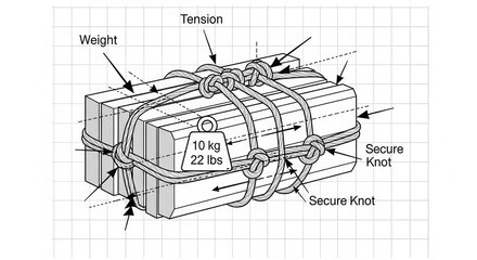 Technical Illustration of Bound Wooden Planks with Secure Knots and Tension