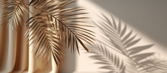 Fototapeta premium Golden palm leaves cast shadows on a beige wall and draped fabric