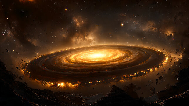 Protoplanetary disk with glowing organic molecules resembling cosmic constellations.