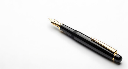 Naklejka premium Elegant black and gold fountain pen resting on a clean white surface with subtle lighting, symbolizing sophisticated writing and refined creative pursuits