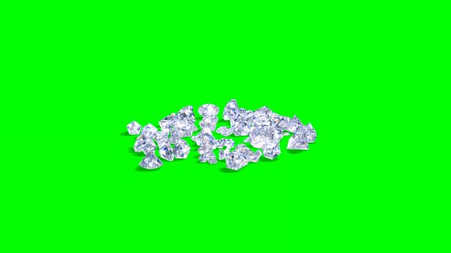 3D Animated Scattered Gemstones Including Diamonds Sparkling on Green Background.