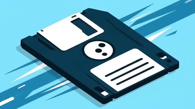 Retro floppy disk icon with motion blur on a blue background, symbolizing digital storage evolution