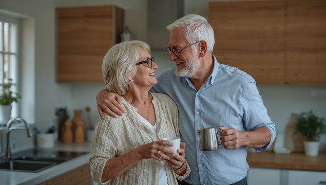 A cheerful senior couple enjoys a moment together in their kitchen, sharing a coffee break.