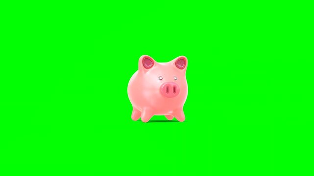 3D Animated Pink Piggy Bank Taking in Coins Dropping From Above on Green Background.