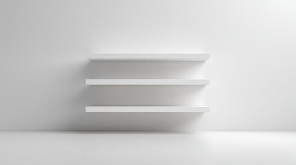 Three empty white shelves on white wall