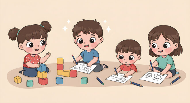 Joyful kids drawing and playing with colorful blocks, fostering imagination and creativity in a playful learning environment for early childhood development