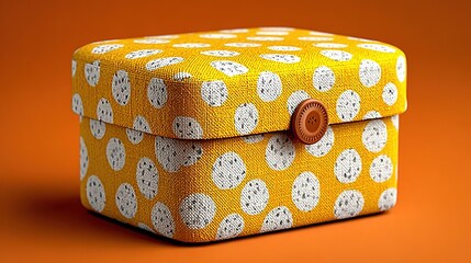 Yellow Fabric Box with White Dots and Brown Button on Orange Background