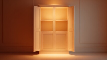Empty cabinet with open doors illuminated from within