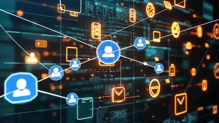 Futuristic digital interface with interconnected icons - Powered by Adobe