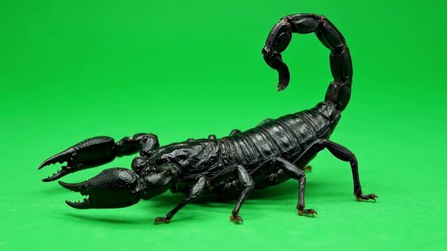 A black scorpion with prominent claws and curved tail set against a vibrant green background