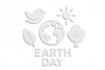 Eco-friendly 3d icons representing nature elements orbiting global sustainability message, highlighting environmental awareness on transparent backdrop