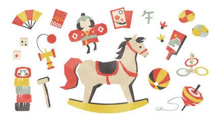 午年のお正月遊びセット（木馬・凧・けん玉・コマ・羽子板・お手玉）