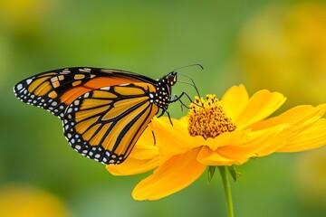 Obraz premium Close-up of monarch butterfly with orange and black wings resting on bright yellow cosmos flower, detailed body texture and white wing dots, sharp focus with blurred green background