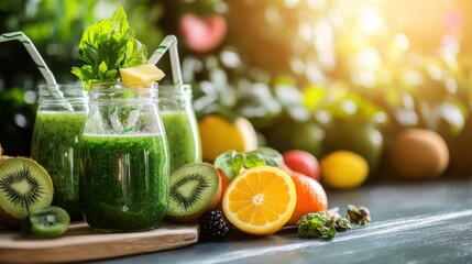 Fototapeta premium A natural wellness-themed setting with fresh green smoothies, detox water, on blurred background 