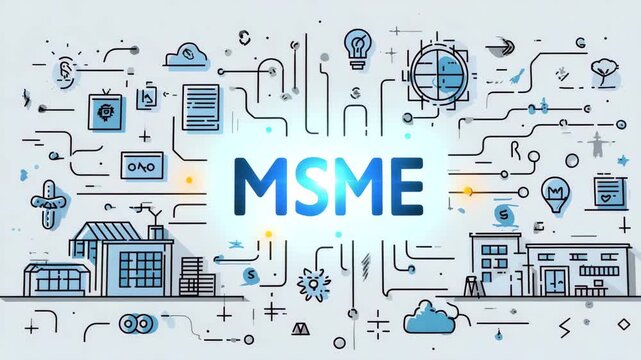 A blue background with a lot of different shapes and lines. The word MSME is written in the middle. Clean minimal infographic showing &ldquo;MSME&rdquo; with microcredit and financial inclusion icons