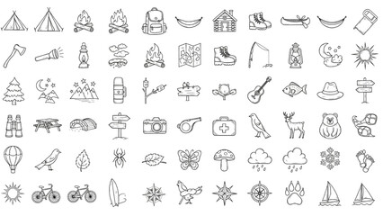 Camping Adventure Doodle Icon Set with Tent, Campfire, Backpack, Cabin, Canoe, and Hammock in Cute Hand Drawn Sketch Style
