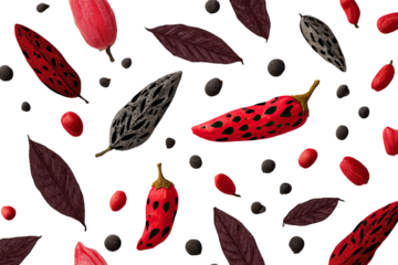 Spice pattern, dark background, red peppers, leaves, berries