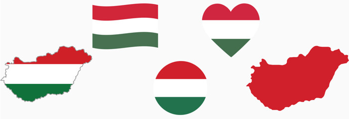 Hungary flag and map set. Hungary flag in official colours and proportions. map, circle, waved and heart shaped Hungary.