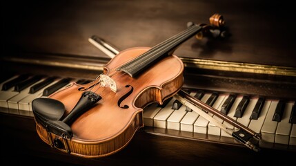 Fototapeta premium Elegant arrangement of classical instruments, violin and piano keys glowing with timeless musical charm.